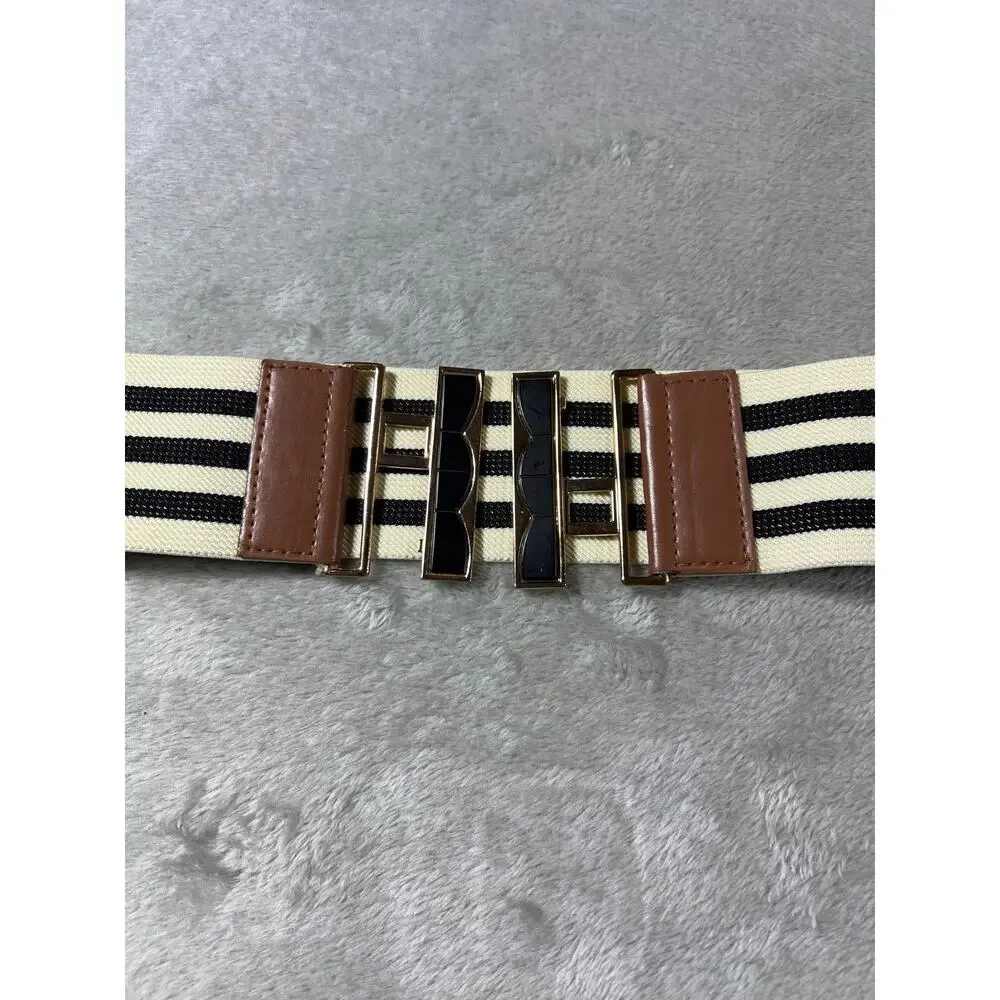 Coastal Stretch Waist Cincher Belt Gold Buckle Striped Small Luxury Wedding